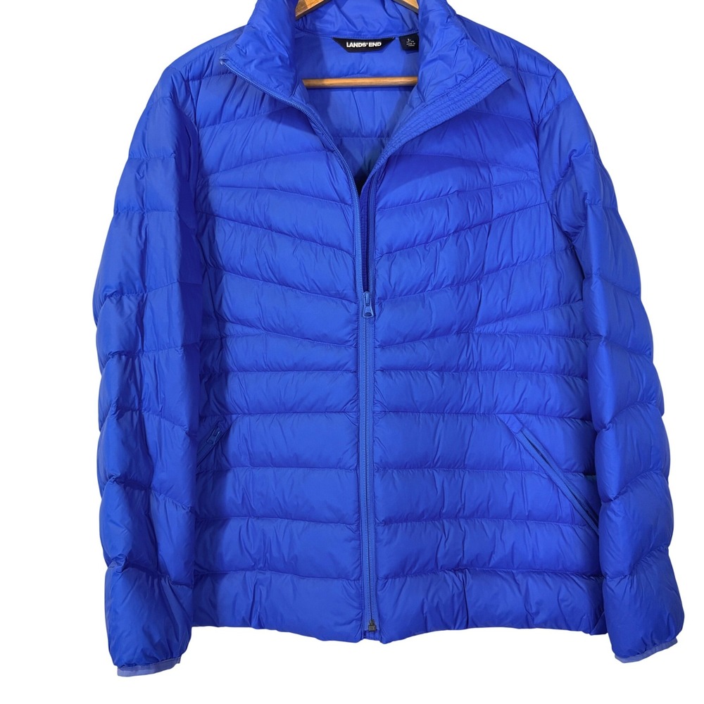 Lands End Kids Blue Puffer‎ Jacket L 14-16 Lightweight Full Zip Winter Coat